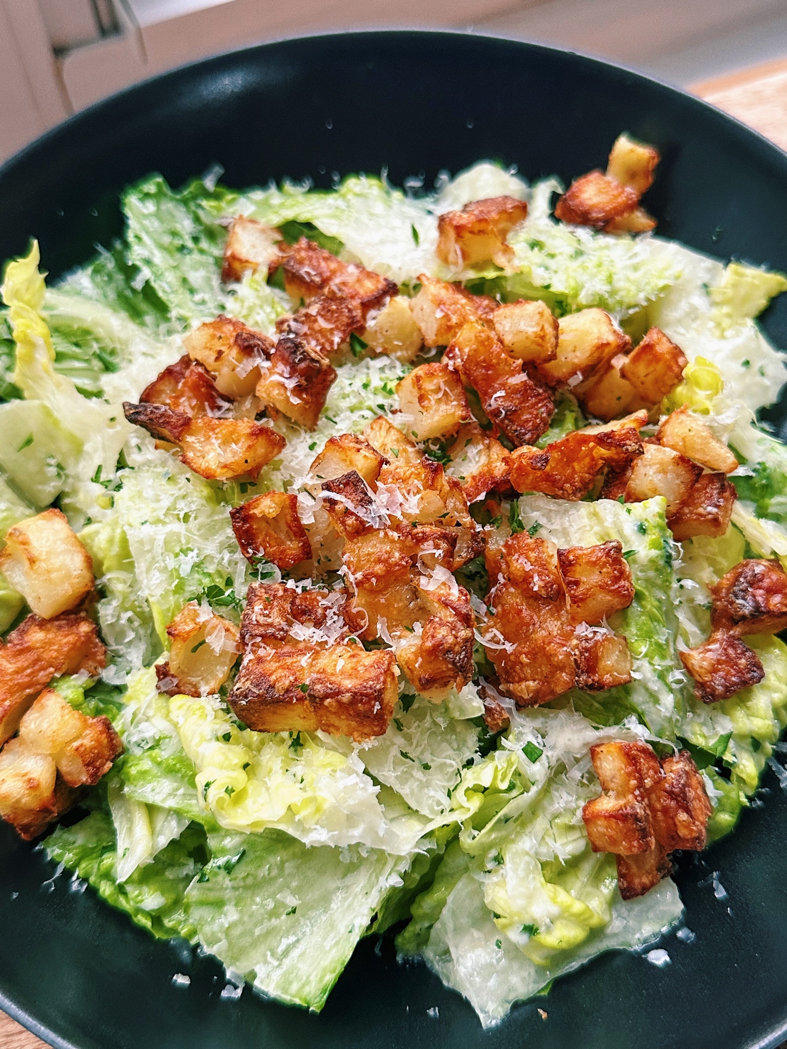 Caesar Salad with Parmesan Potato Croutons